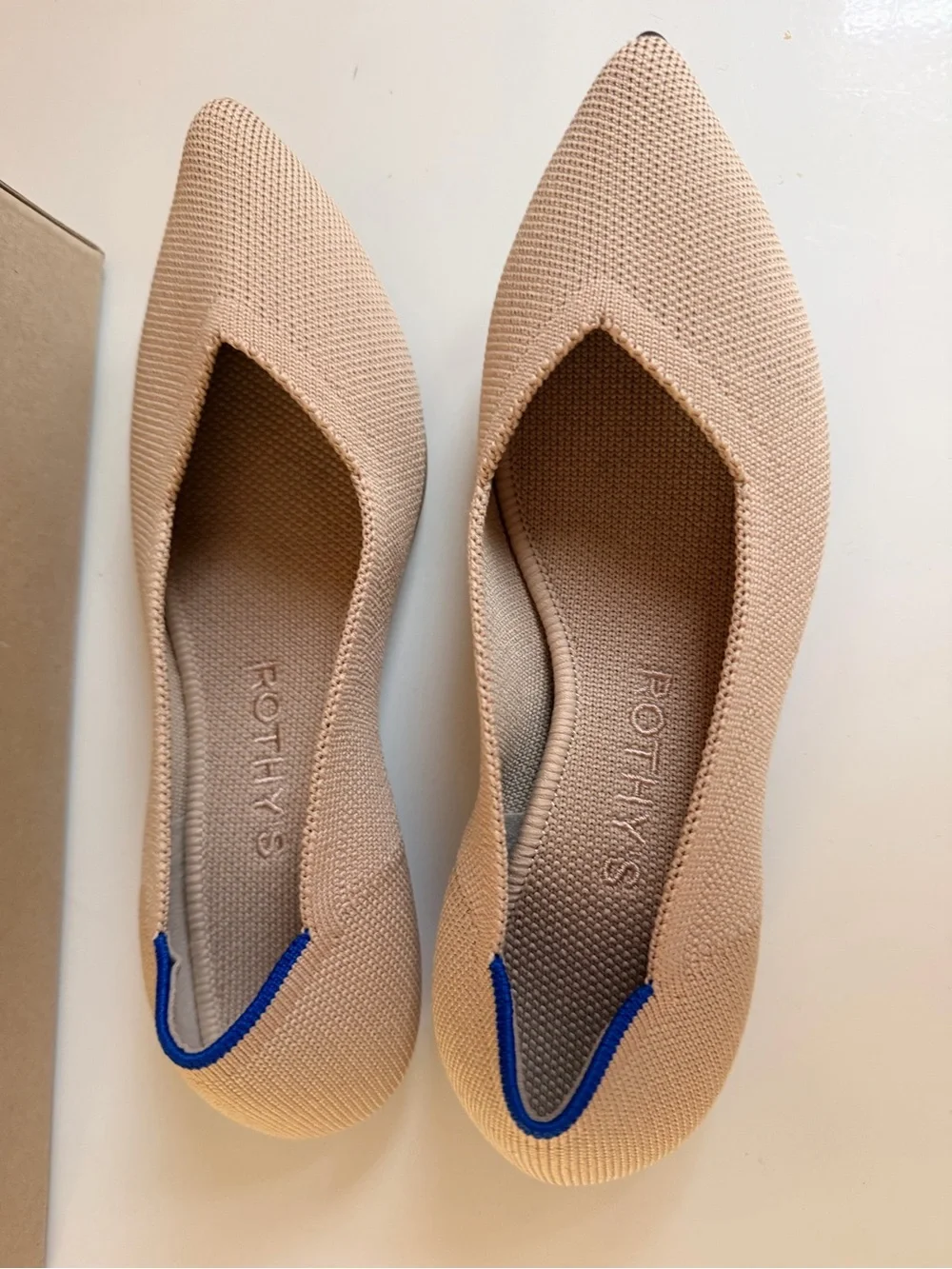 Rothy's Ecru Pointed Ballet Flats with Blue Trim